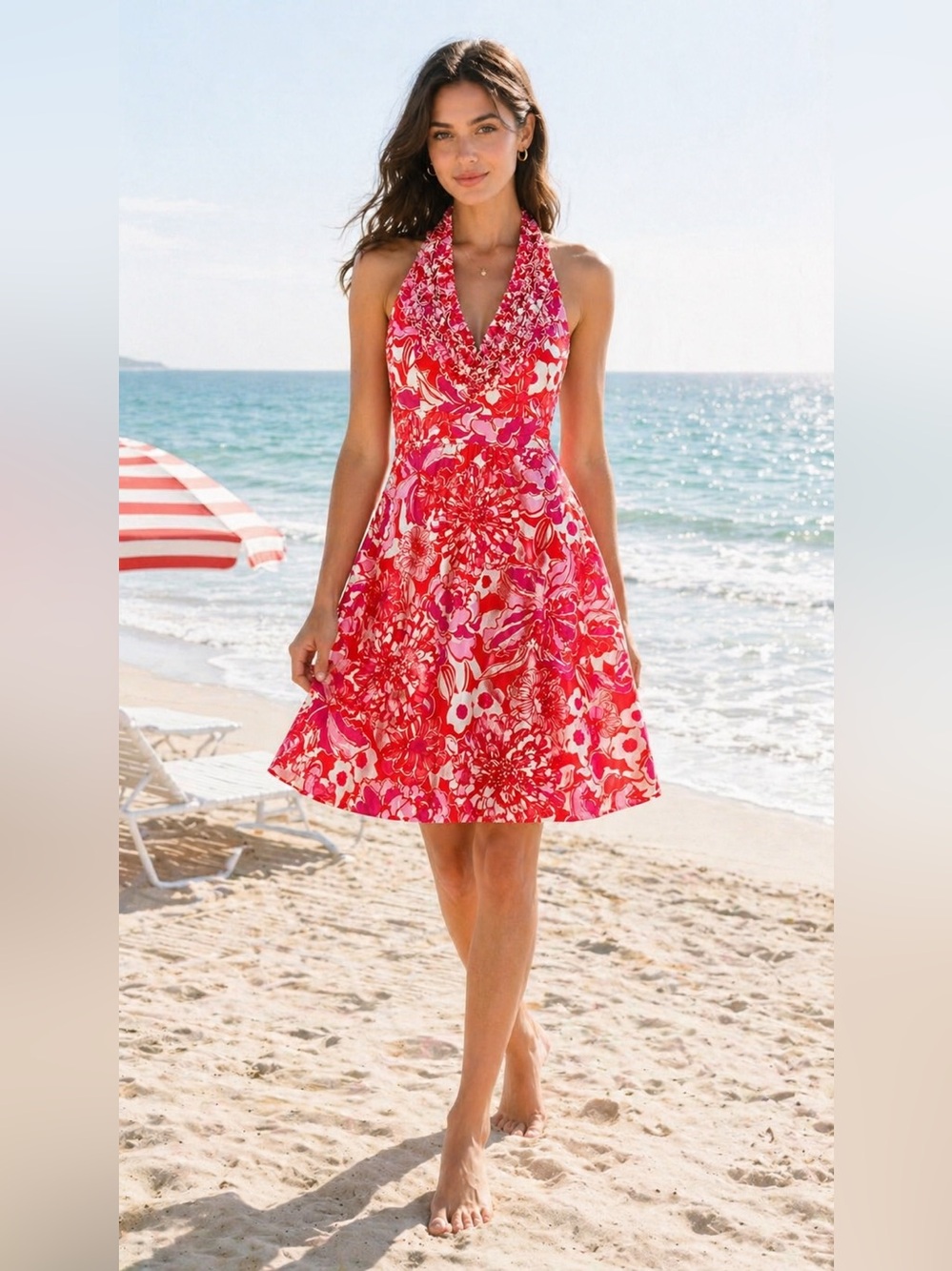 Lilly Pulitzer Lillian Halter Dress 6 Pink Orange Floral Ruffle Resort Vacation